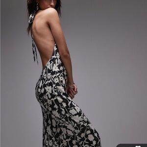 Backless Black & White Floral Halter Maxi Dress